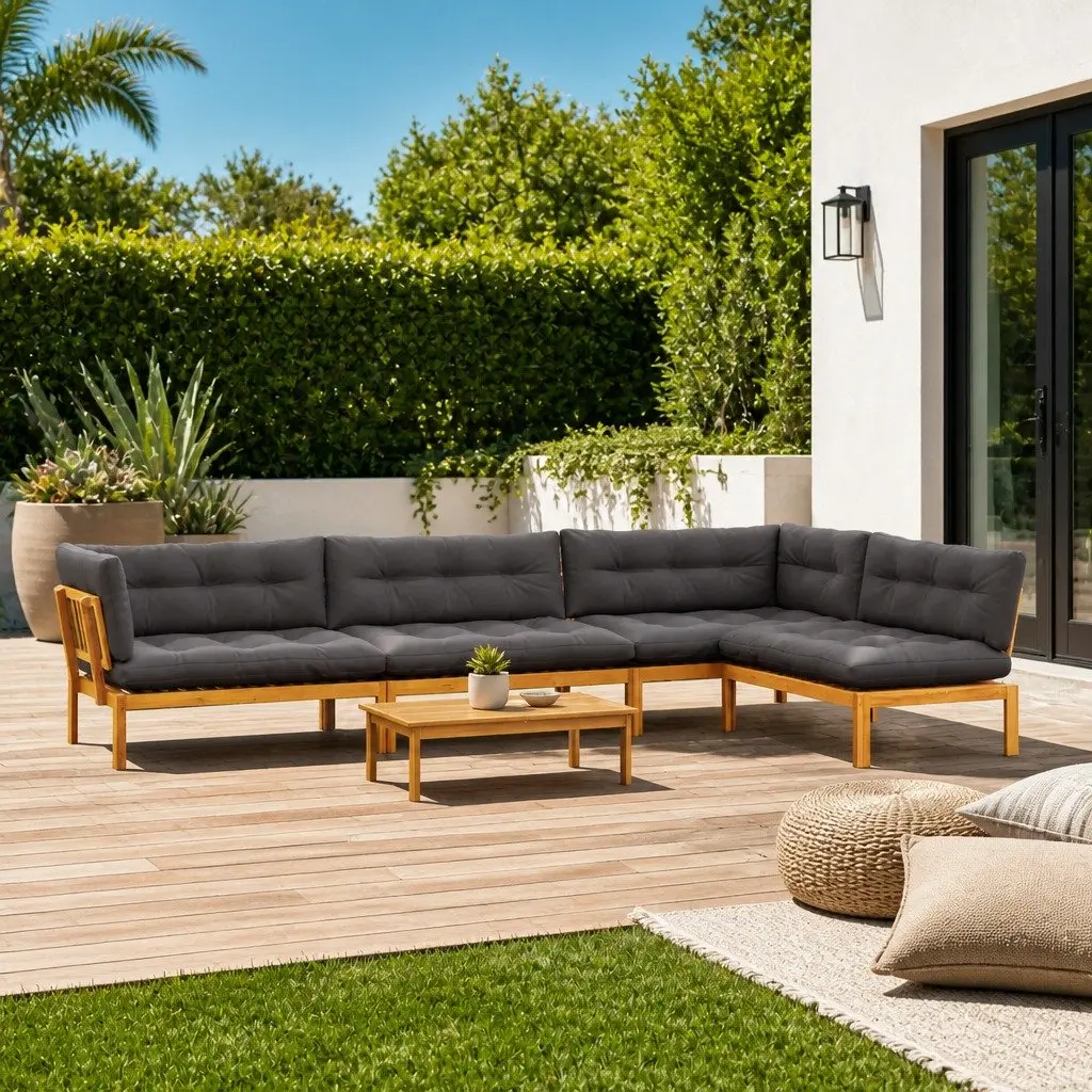 Outdoor Sectional Sofa Set 5 Piece Corner Lounge Seating with Low Table Brown