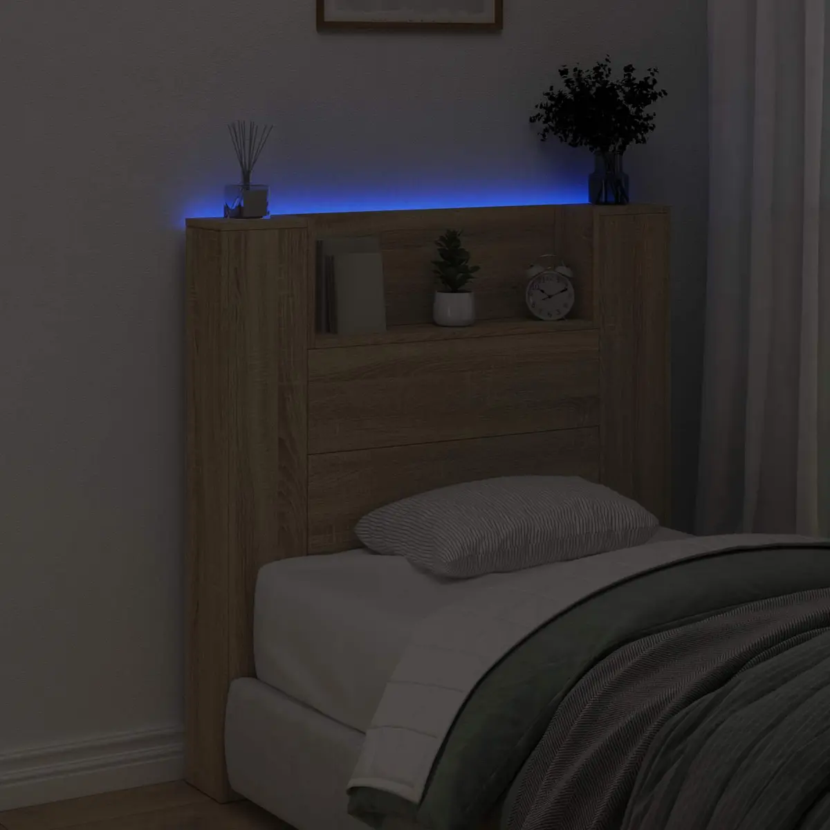 Storage Headboard with RGB LED Lights Engineered Wood Bedroom Furniture Shelf