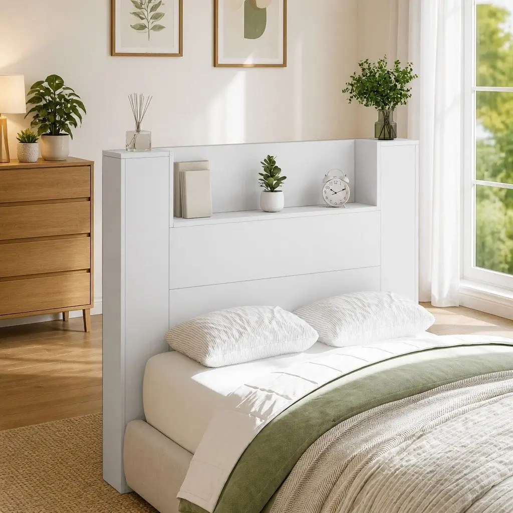 Storage Headboard with RGB LED Lights White Engineered Wood Bedroom Shelf