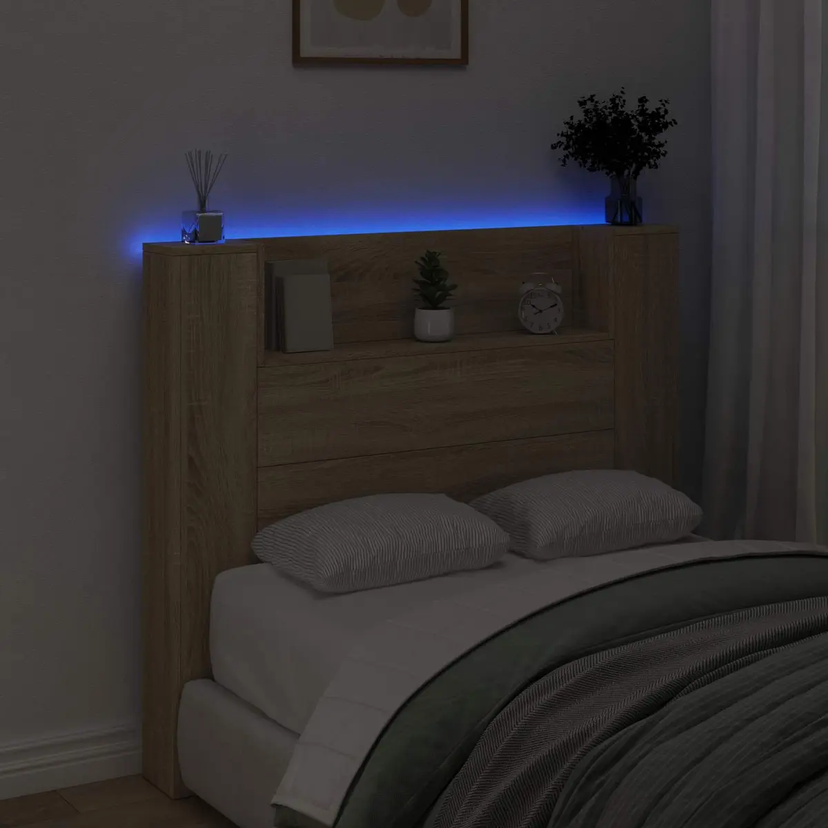 Storage Headboard with RGB LED Lights Engineered Wood Bedroom Furniture Shelf