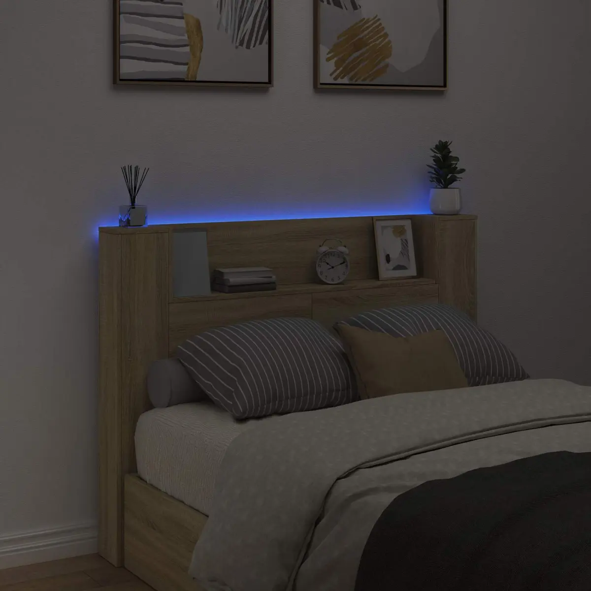 Storage Headboard with LED Lights and Engineered Wood Build