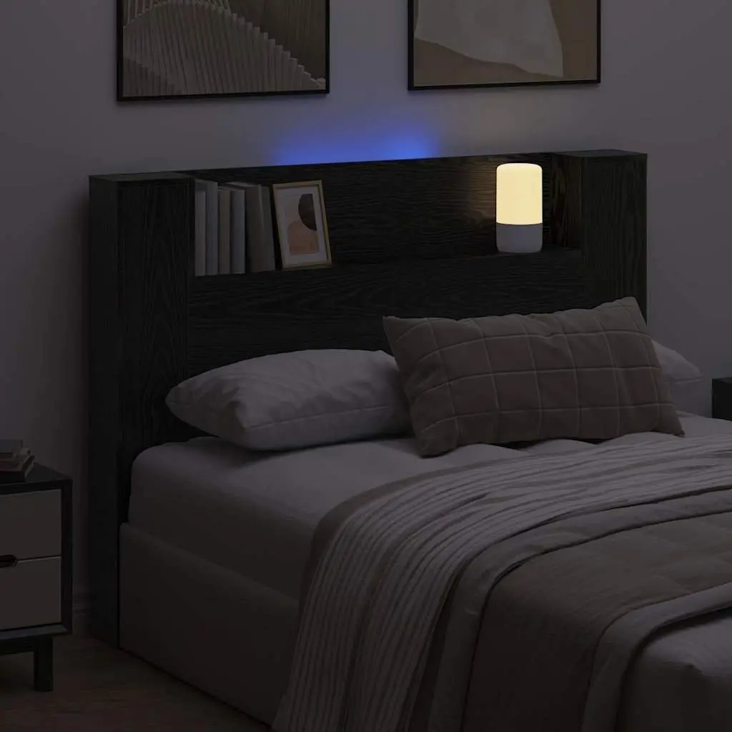 Storage Headboard with RGB LED Lights for Bedroom Black Engineered Wood