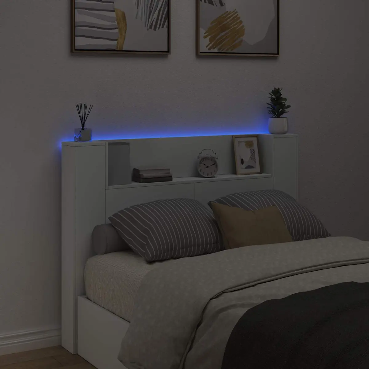 Storage Headboard with RGB LED Lights White Engineered Wood Bedroom Shelf