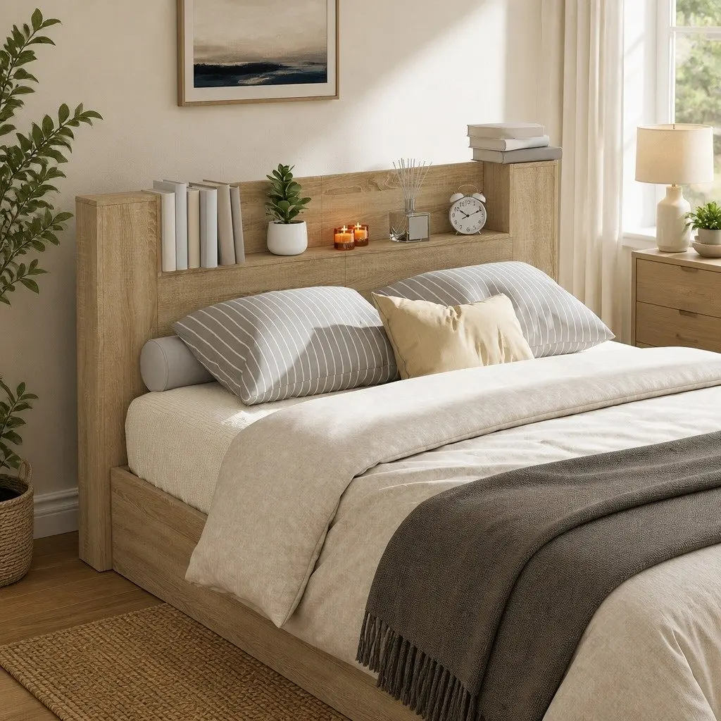 Storage Headboard with RGB LED and USB Power in Brown