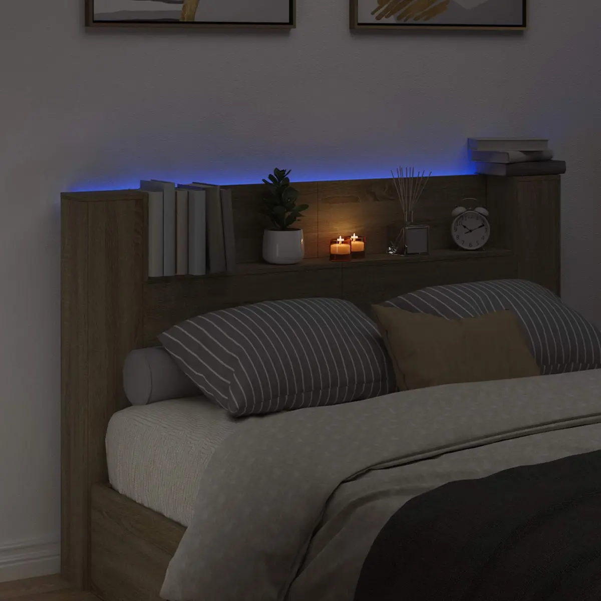 Storage Headboard with RGB LED and USB Power in Brown