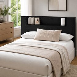 Black Engineered Wood Storage Headboard with LED Lighting