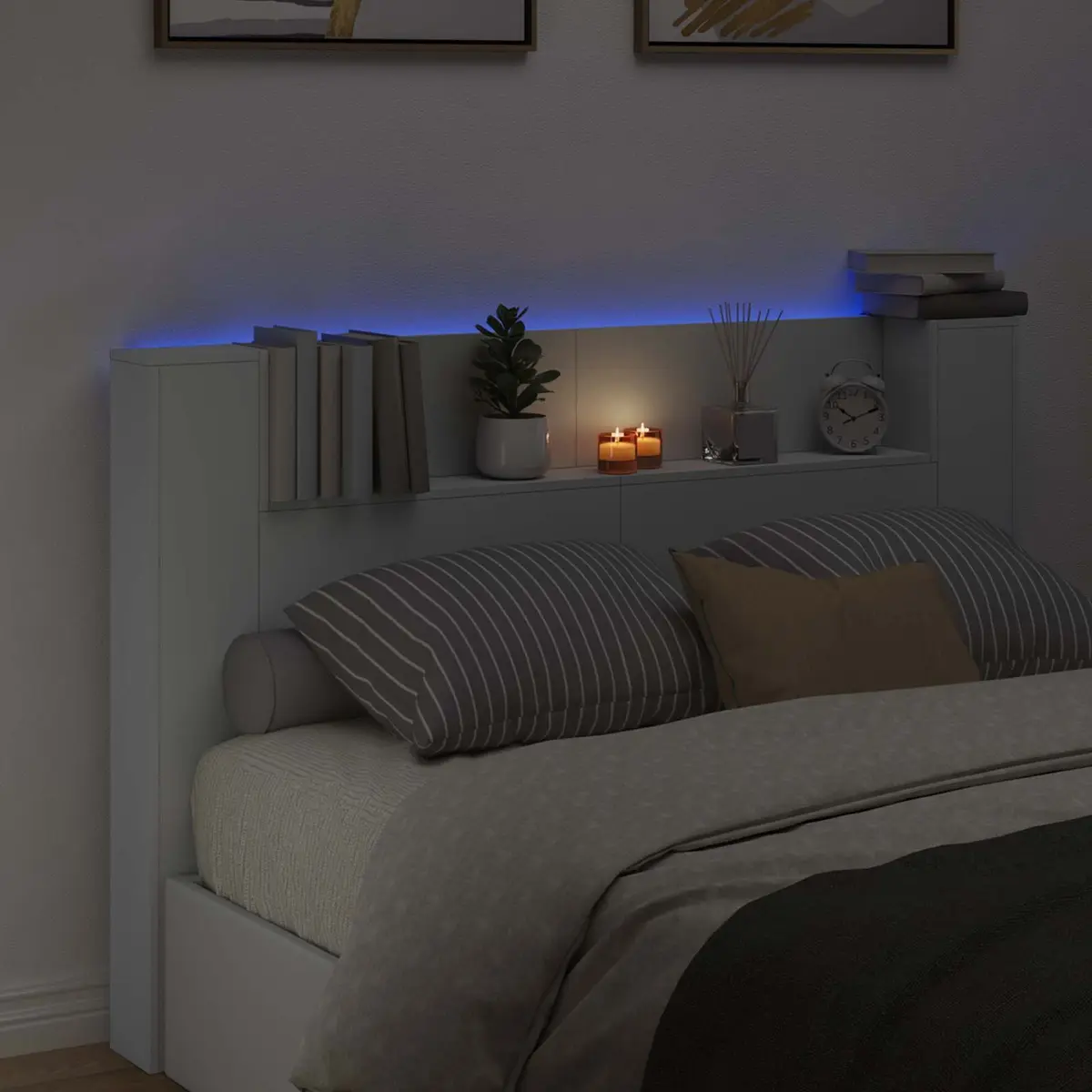 Storage Headboard with RGB LED Lights for Bedroom White Engineered Wood