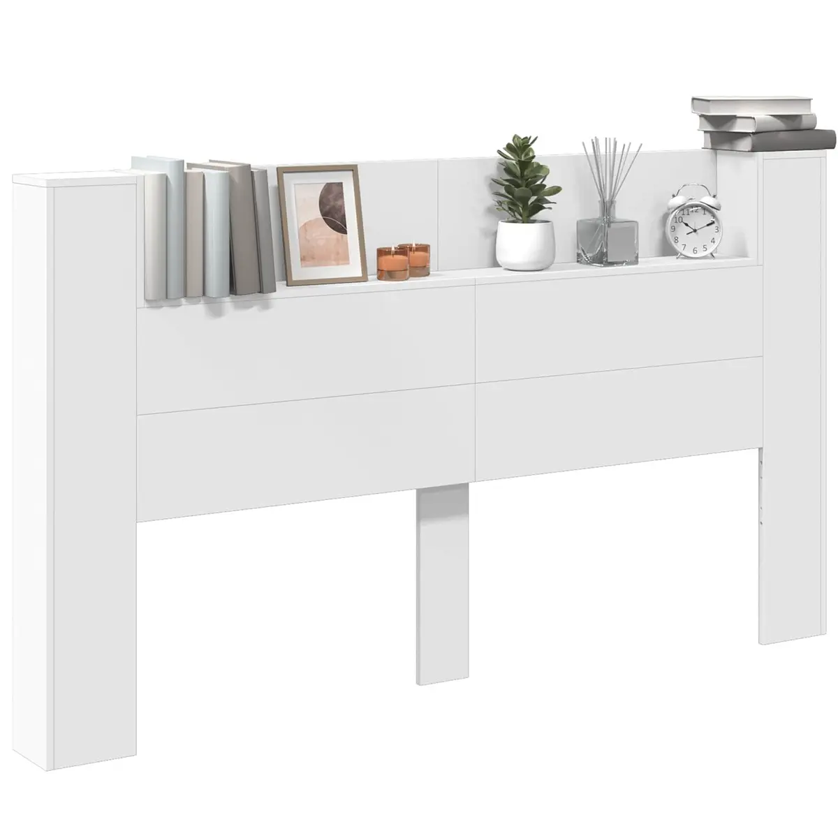 White Storage Headboard with RGB LED Lights Built-in Shelf Bedroom Furniture