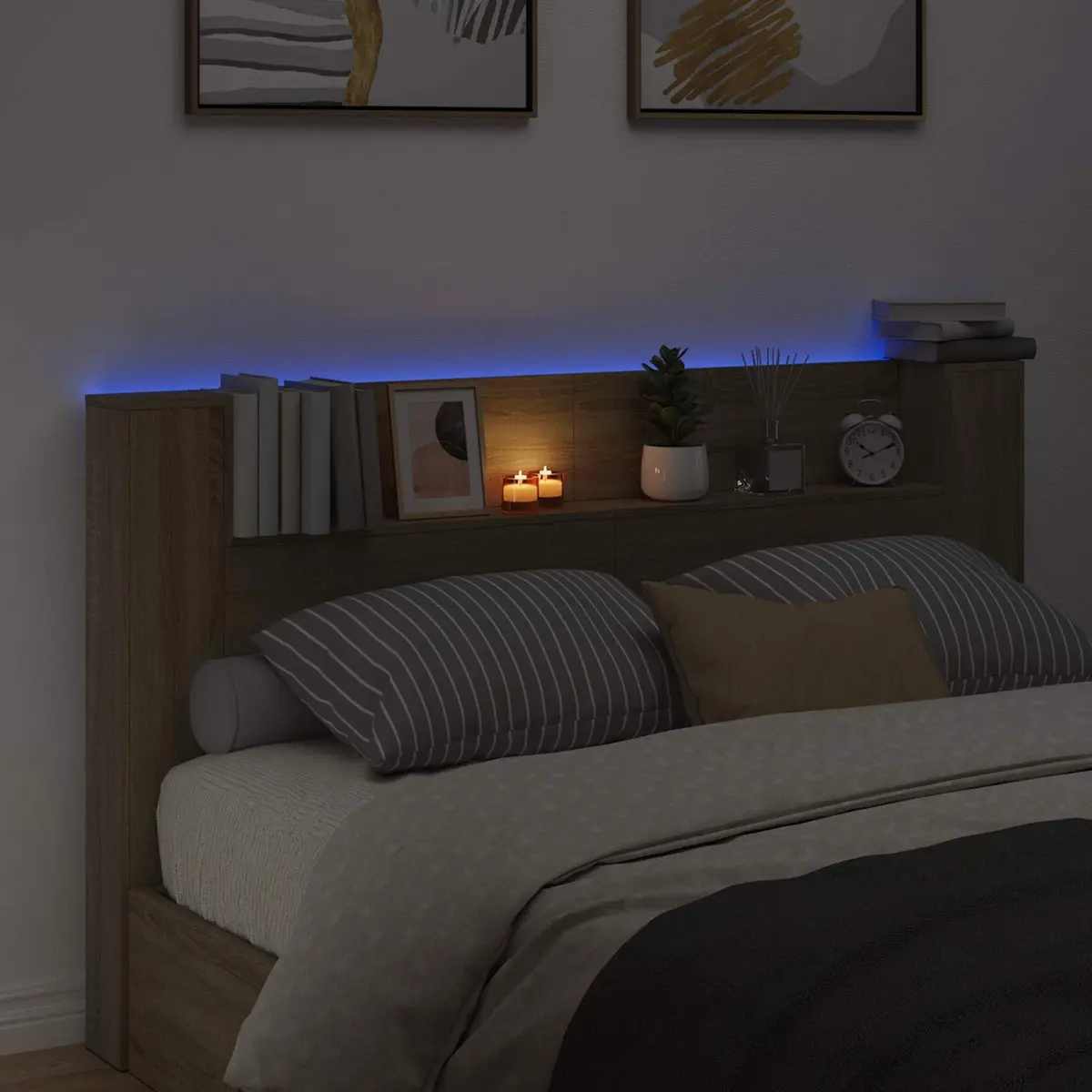 Brown Storage Headboard with LED Lighting