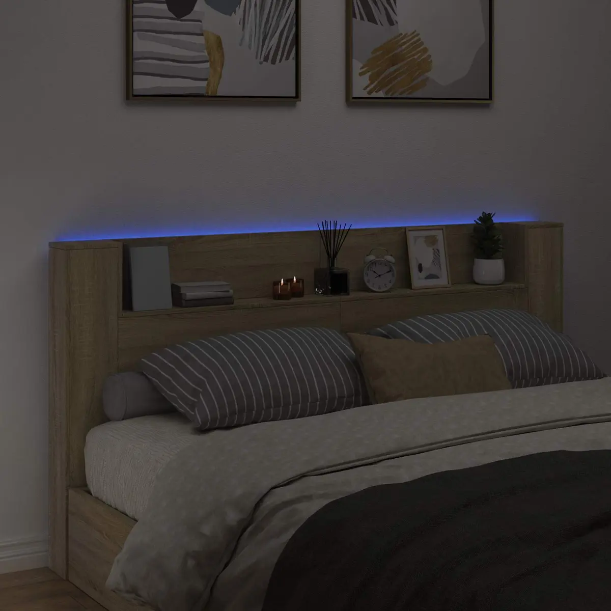 Storage Headboard for Bedroom with RGB LED Lights Engineered Wood Size Sonoma Oak