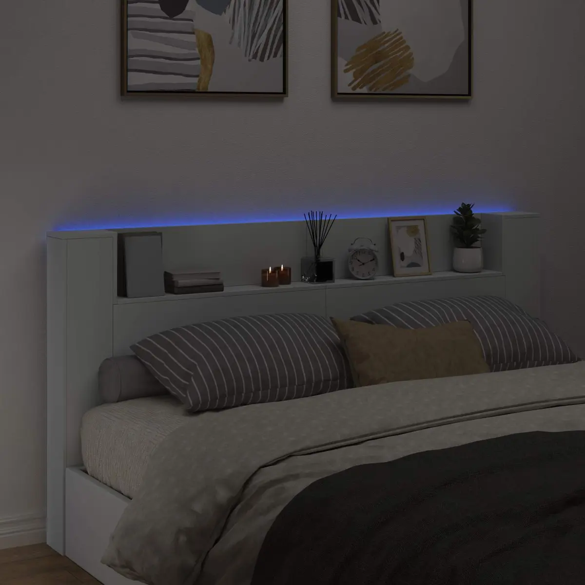 Storage Headboard Bedroom White Engineered Wood with RGB LED Lights