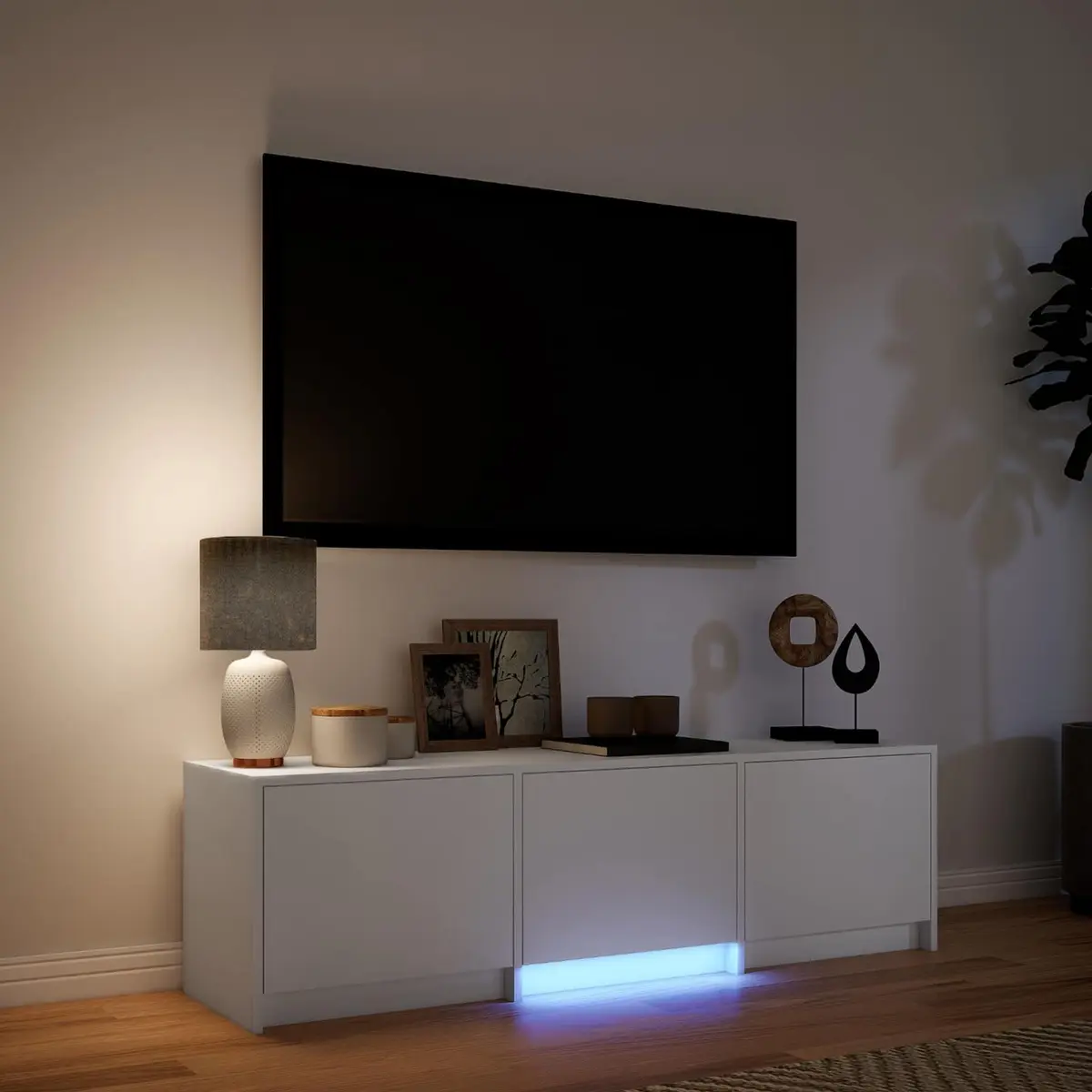 TV Cabinet with LED Lights for Lounge White Engineered Wood Storage Unit 140 x 34 x 40 cm