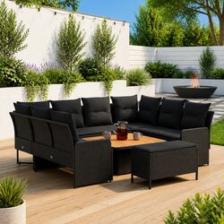 7-Piece Garden Furniture Set: Black PE Rattan and Acacia Wood