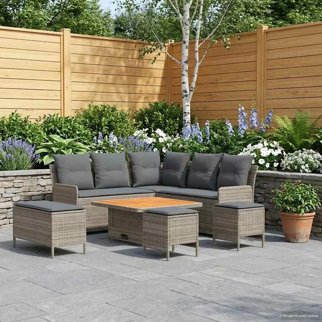 Outdoor Furniture Set 7 Pieces with Cushions Grey PE Rattan Patio Lounge Seating