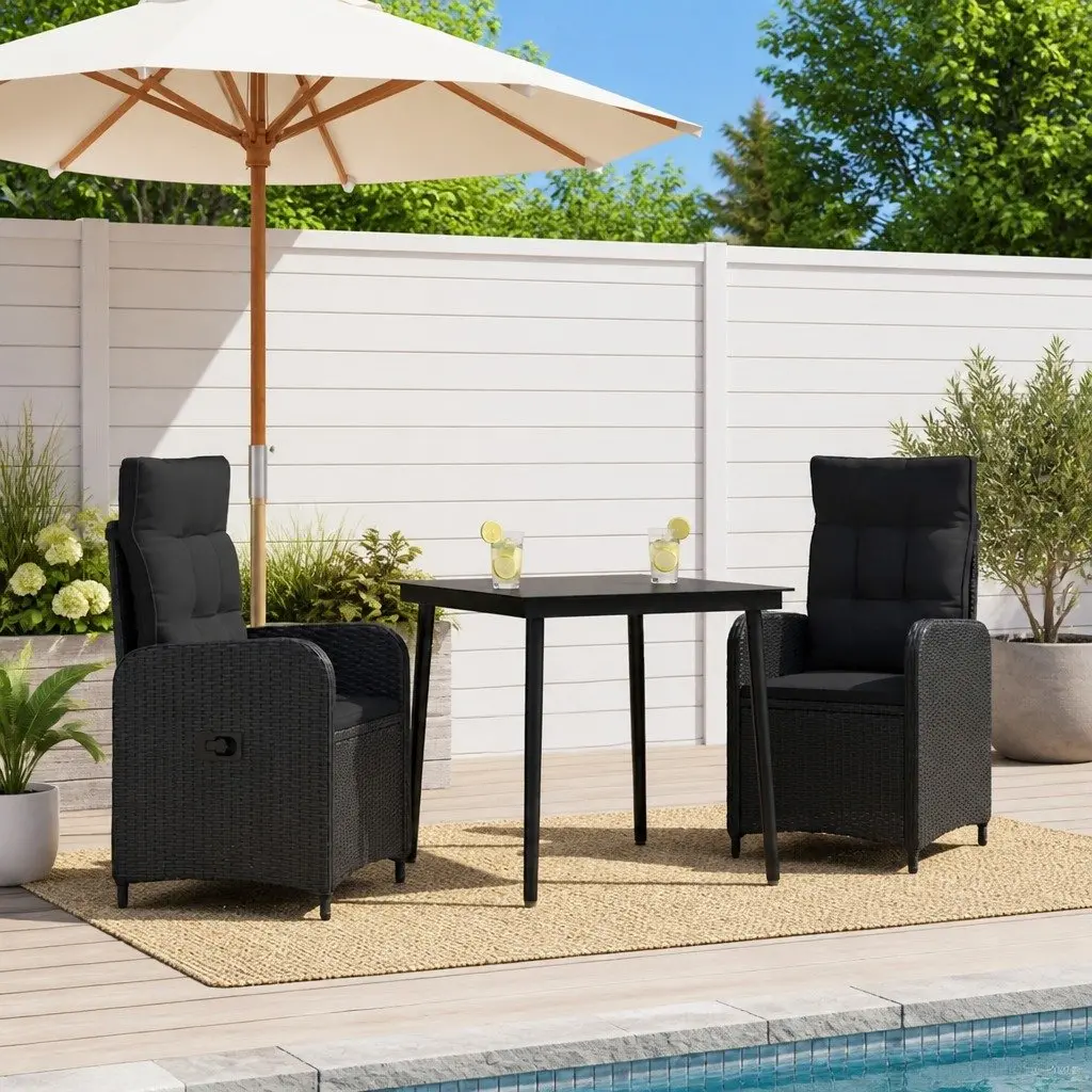 3 Piece Black Outdoor Sofa Table Set