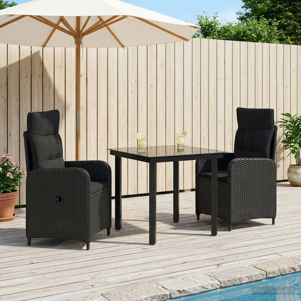 Garden Dining Set 3 Piece Outdoor Patio Furniture Black PE Rattan Table and Adjustable Chairs
