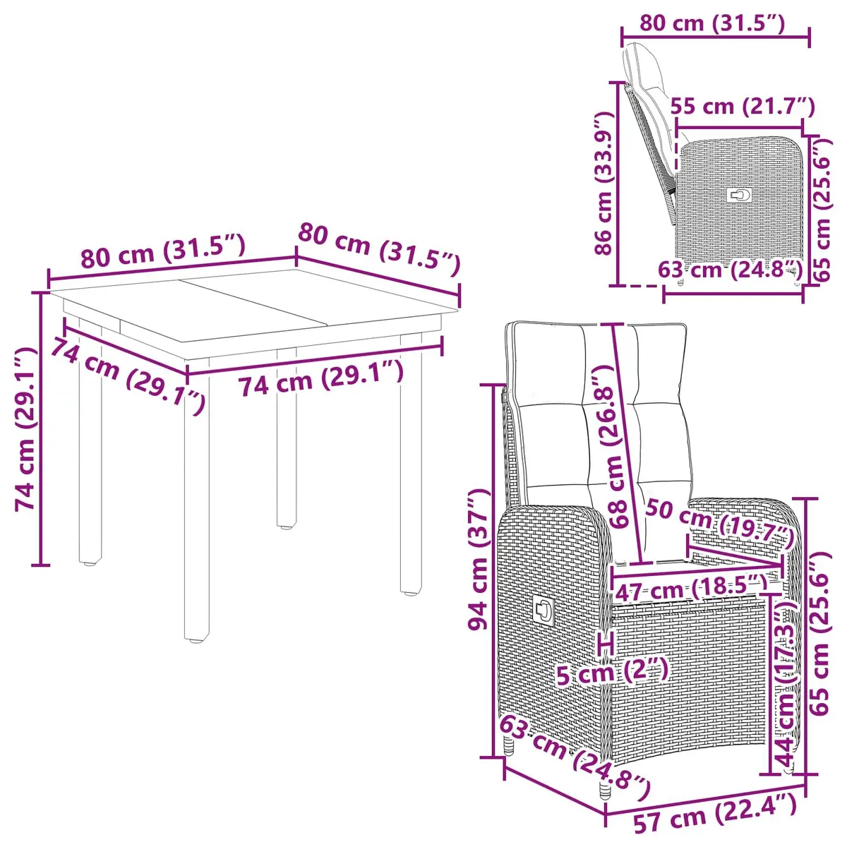 Garden Dining Set 3 Piece Outdoor Patio Furniture Black PE Rattan Table and Adjustable Chairs