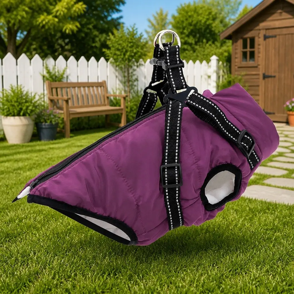 Dog Coat Purple L28 Fleece Polyester Waterproof Windproof Adjustable Harness