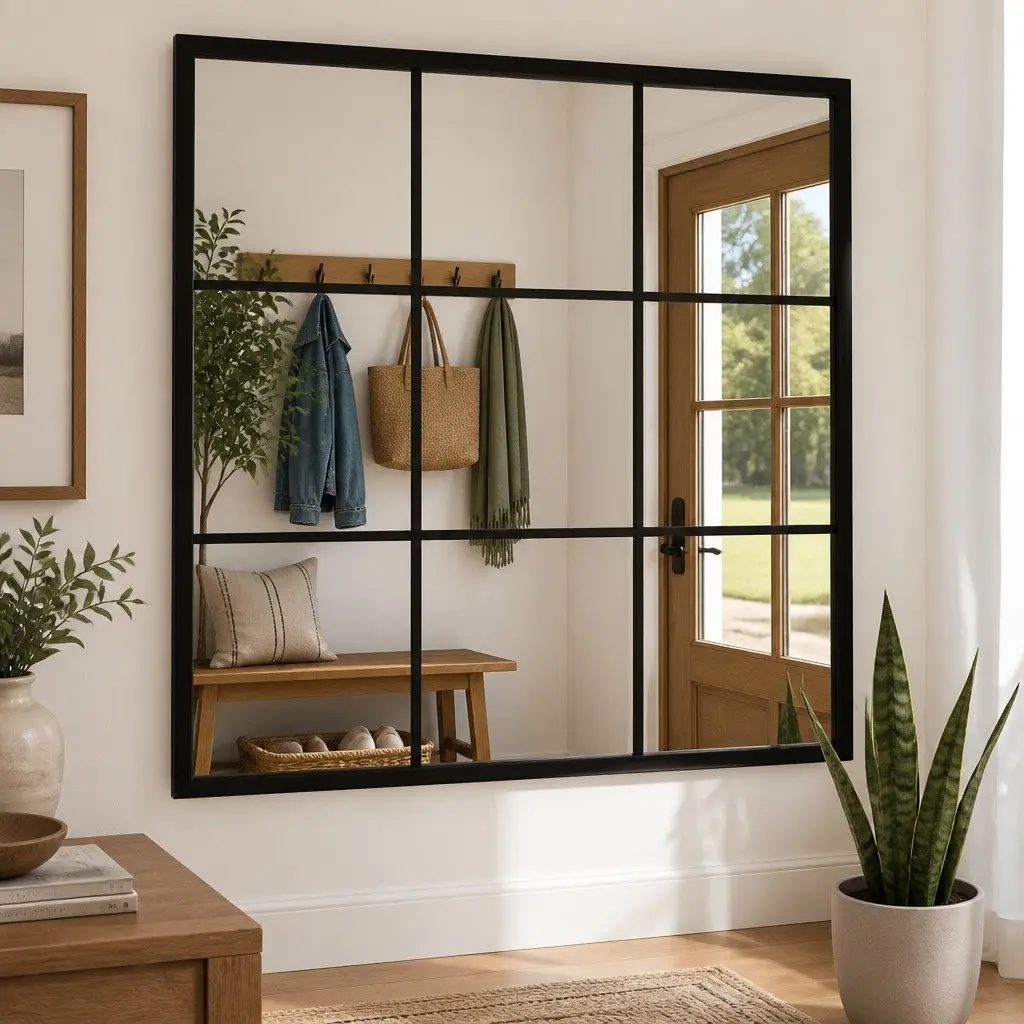 Wall Mirror Black 60x60cm Metal Frame Hook Mount Home Decor Bedroom Living Room