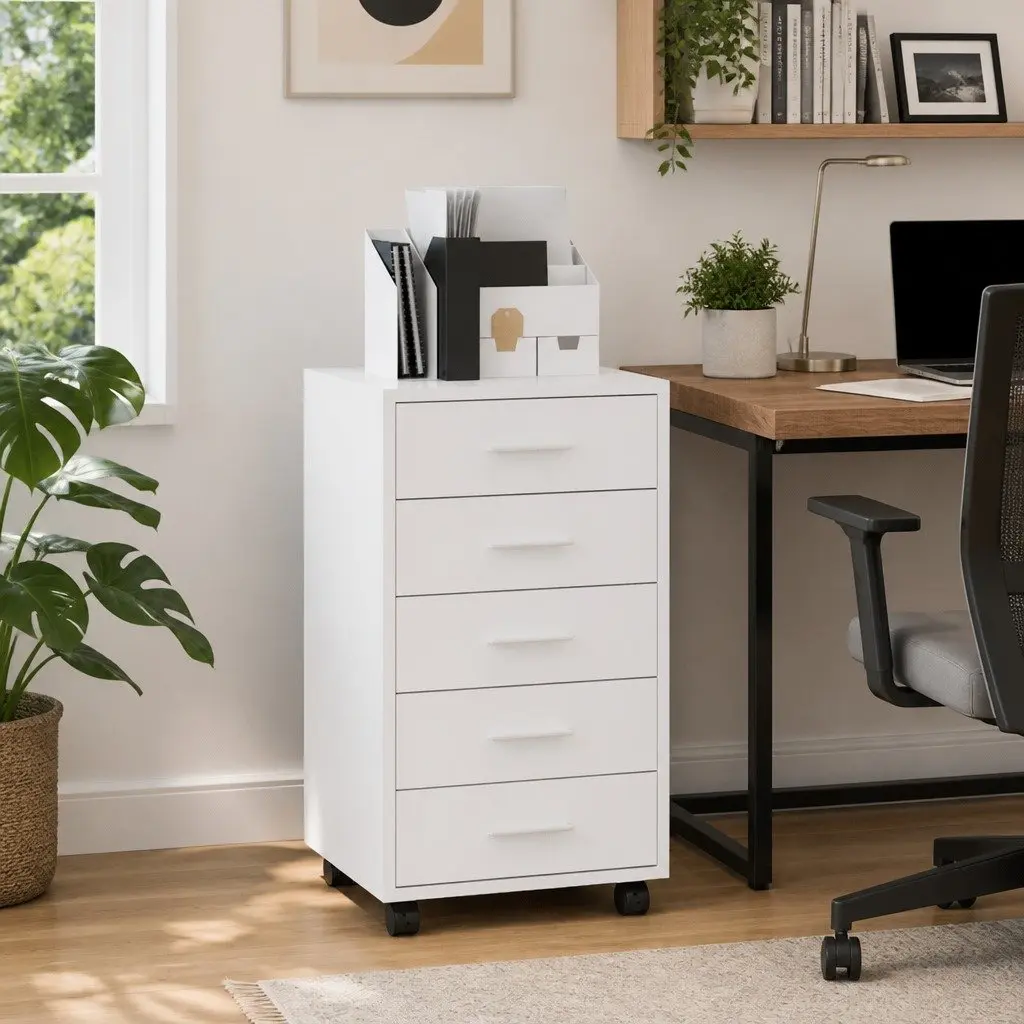 Drawer Storage Cabinet for Office or Study 5 Drawer High Gloss White