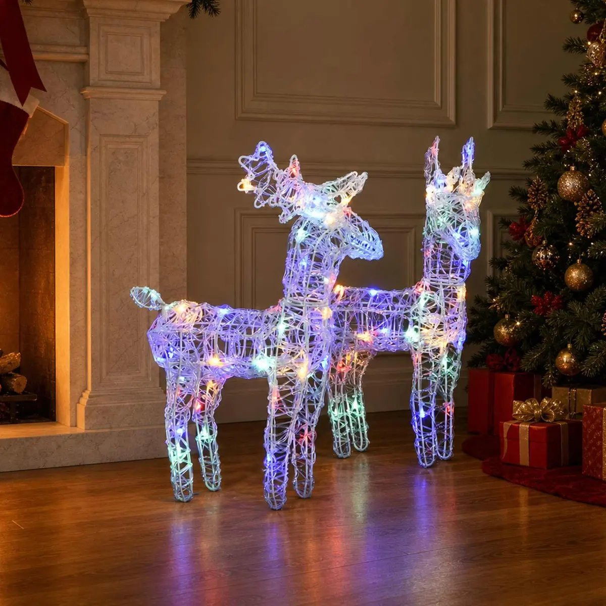 Outdoor Christmas Reindeer Decoration 2 Piece Acrylic Yard Display 80 LED Multicolour Lights