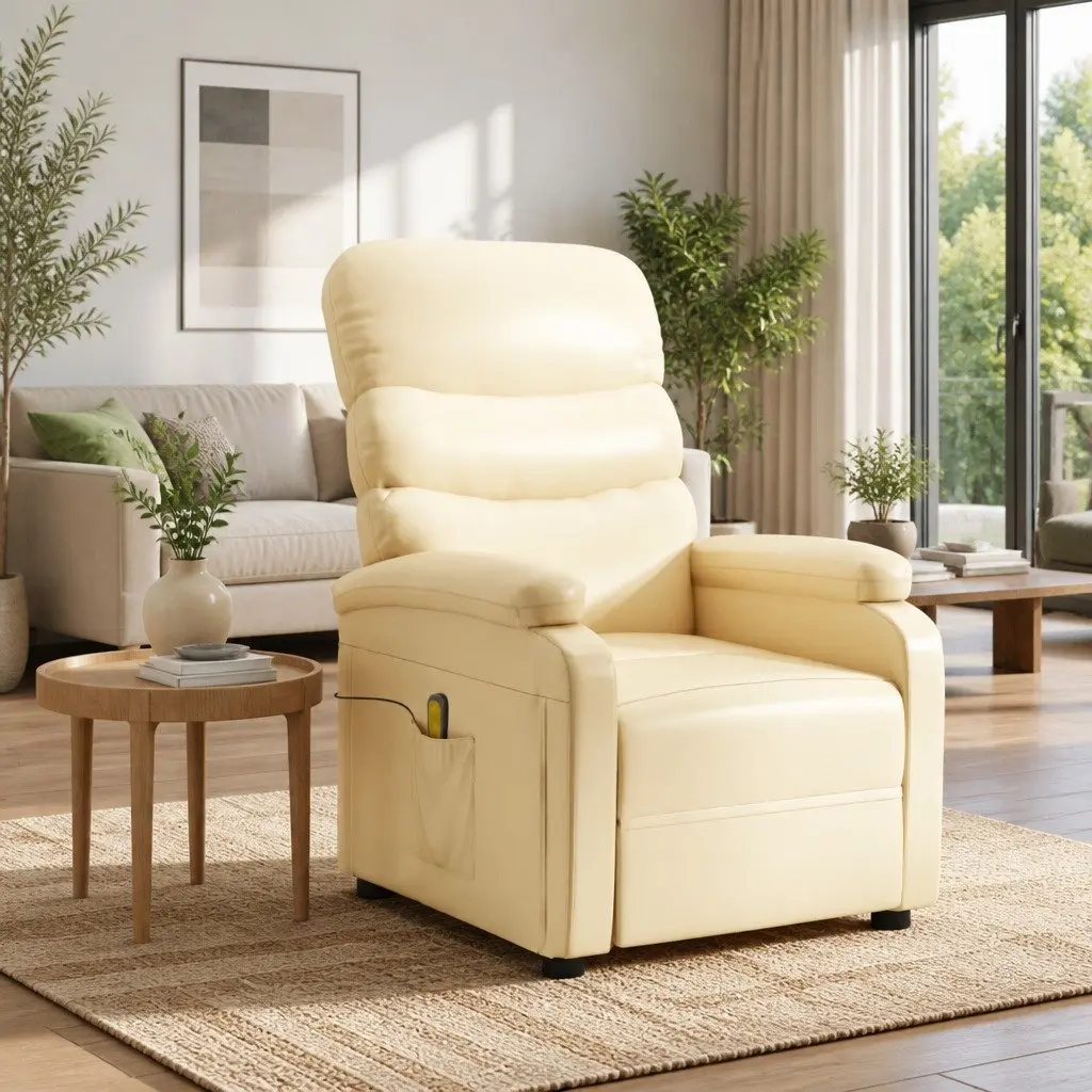 Electric Massage Chair for Home Cream Faux Leather Reclining Size