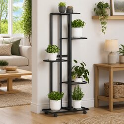 5-Tier Plant Stand with Wheels Black Iron Corner Flower Rack Display Shelf