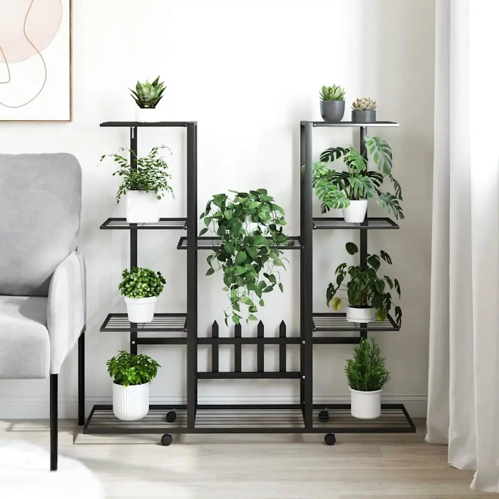 Plant Stand with Wheels Black Iron Flower Display Shelf Gardening Storage Rack