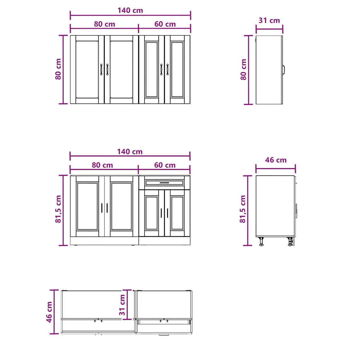 Kitchen Cabinet Indoor Use 4 Piece High Gloss White Engineered Wood Modern Storage Unit