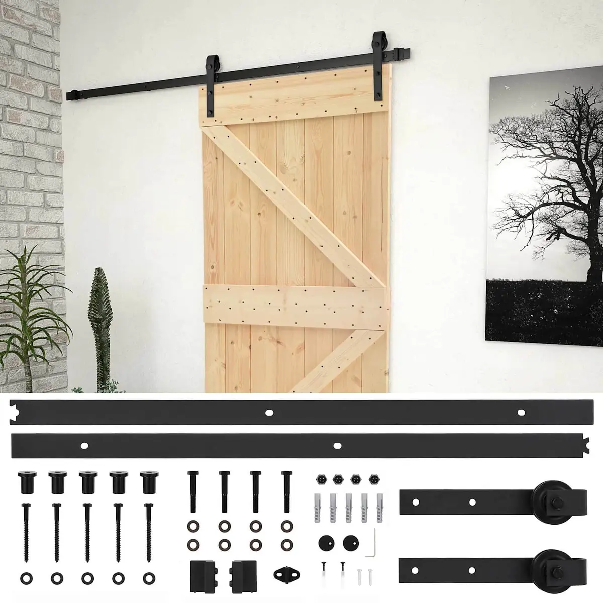 Sliding Door 80 x 210 cm Solid Pine Wood Natural Black Modern Interior