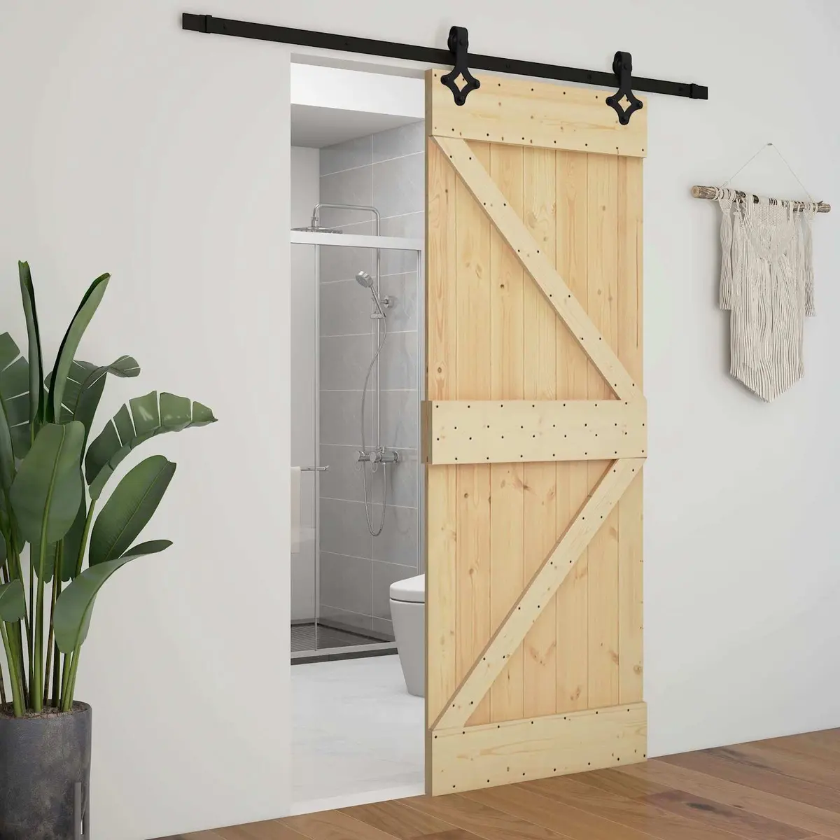 Sliding Door Modern Room Divider 90 x 210 cm Solid Pine Wood Natural Black