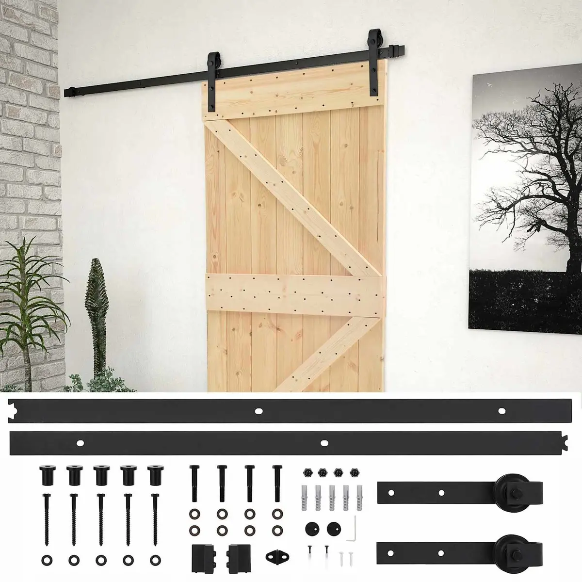Sliding Door 90 x 210 cm Solid Pine Wood Natural Black Modern Room Divider