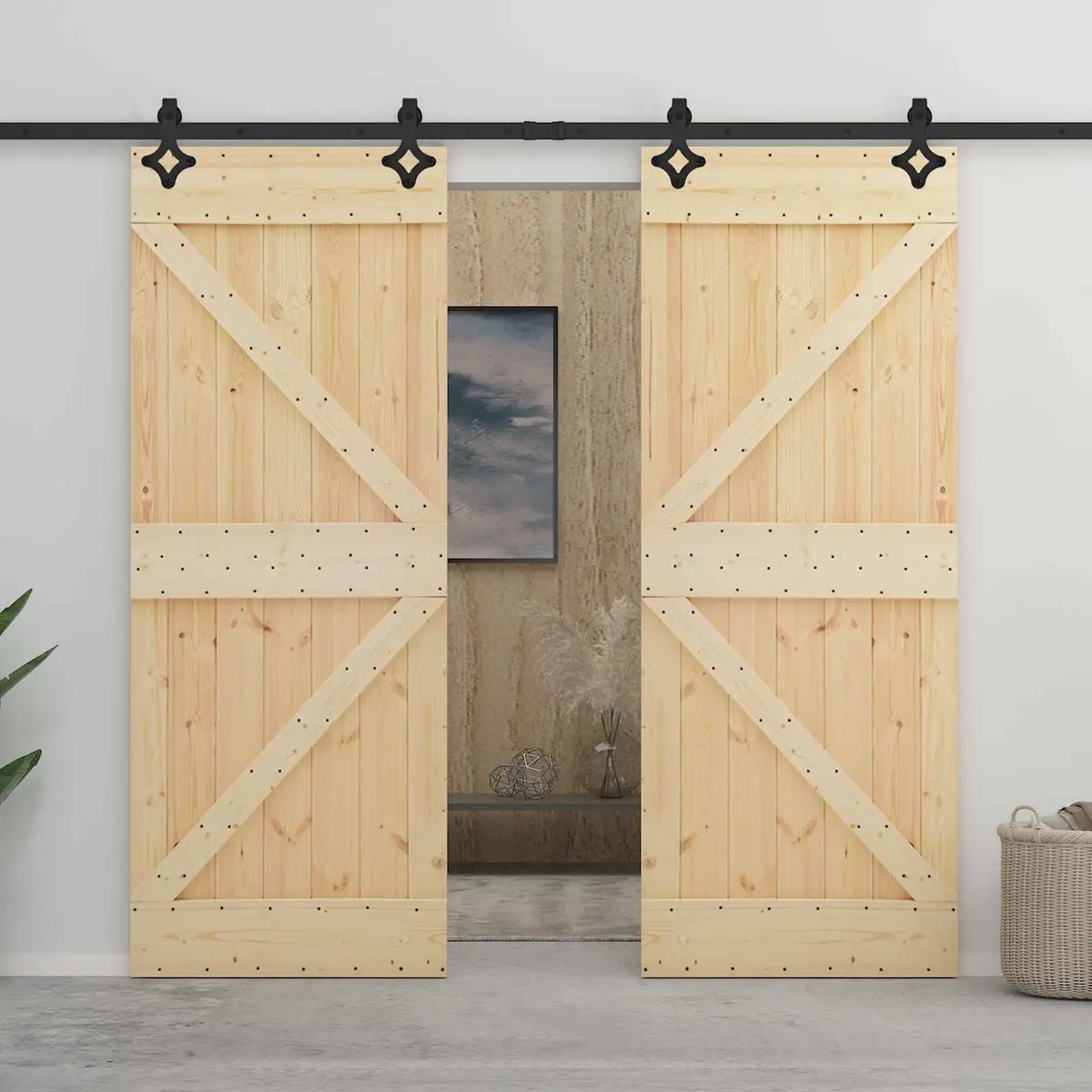 Sliding Door 100 x 210 cm Solid Pine Wood Natural Black Modern Space-Saving
