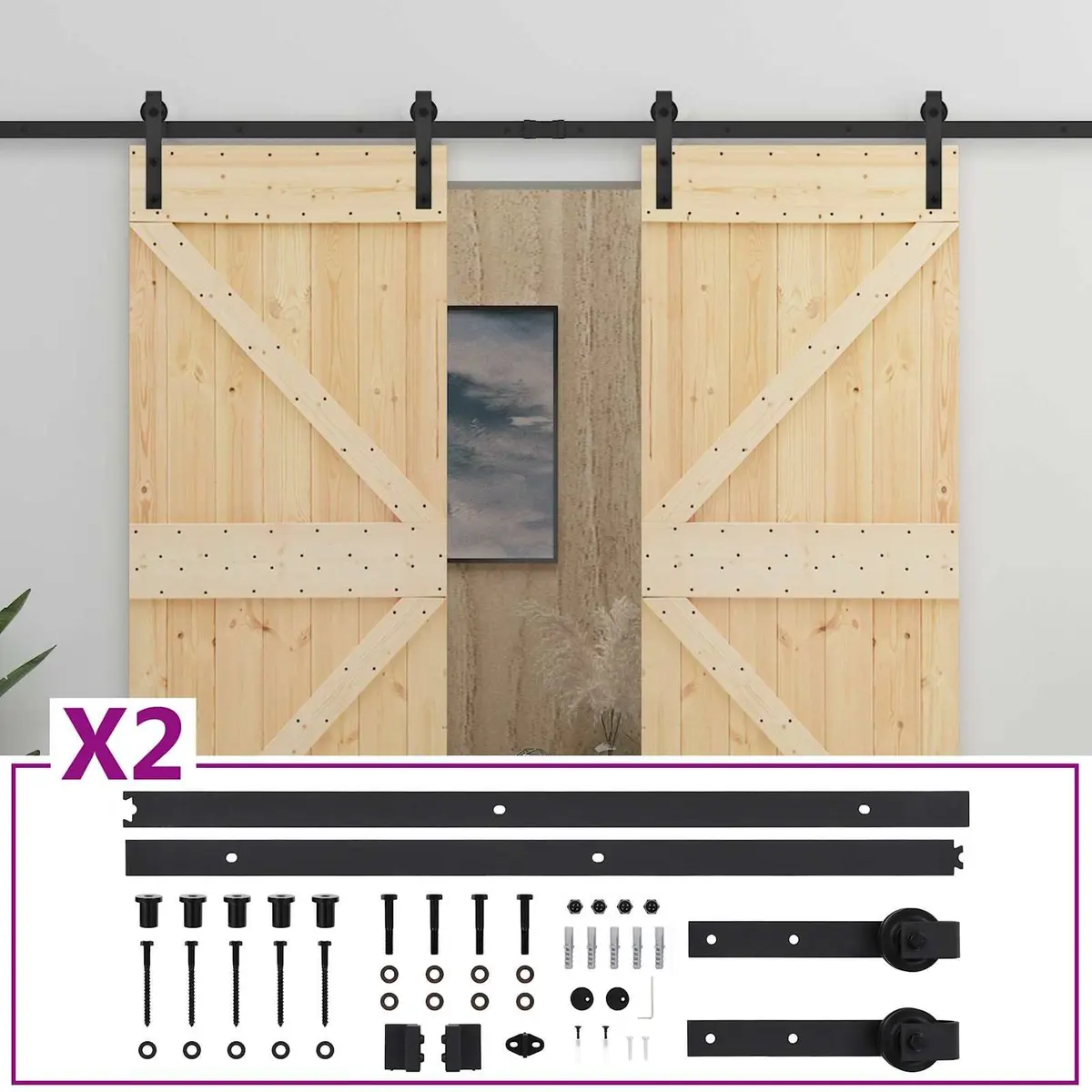 Sliding Door Interior Room Divider 2 pcs Solid Pine Wood Natural Black