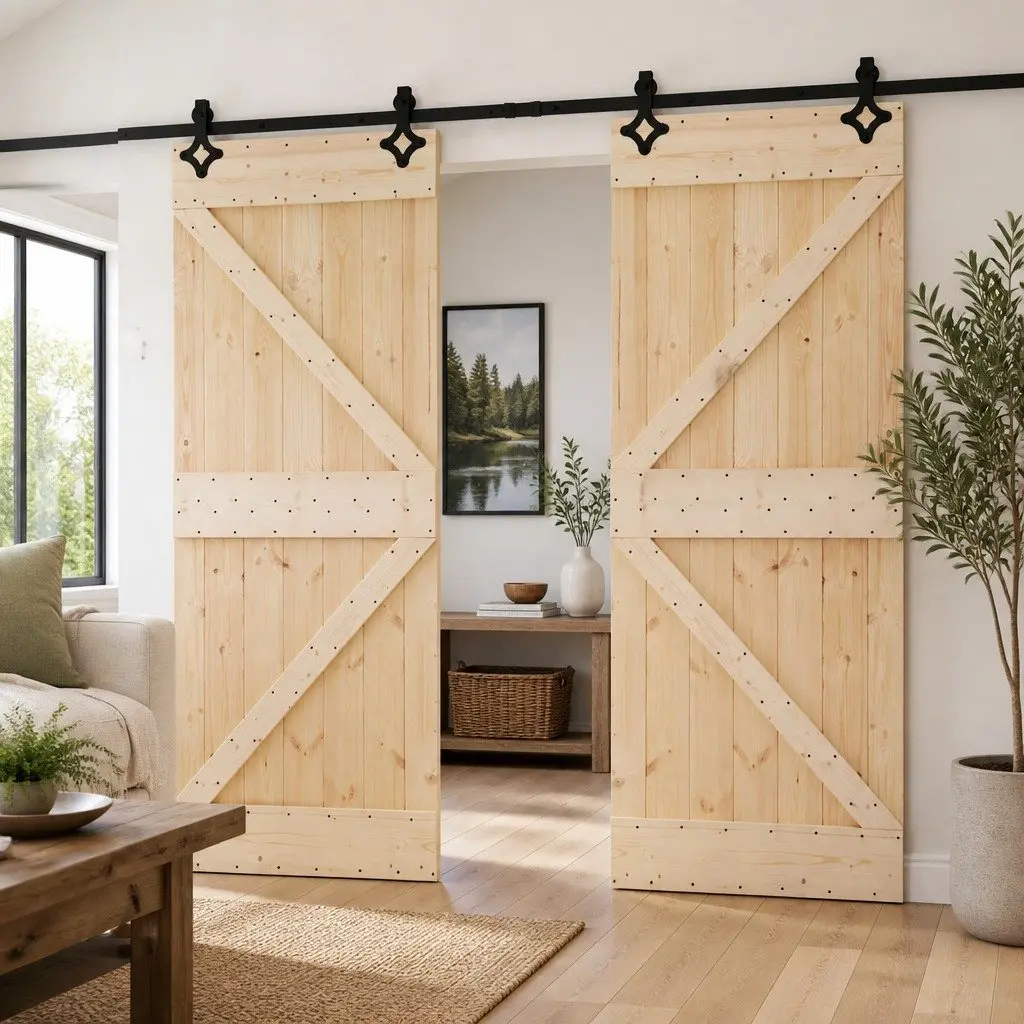2 pcs Solid Pine Wood Sliding Doors