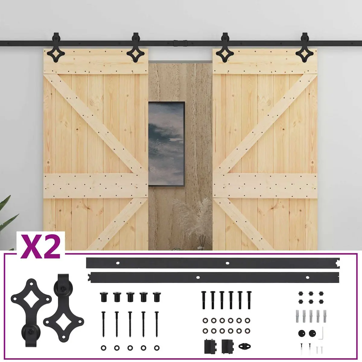 2 pcs Solid Pine Wood Sliding Doors