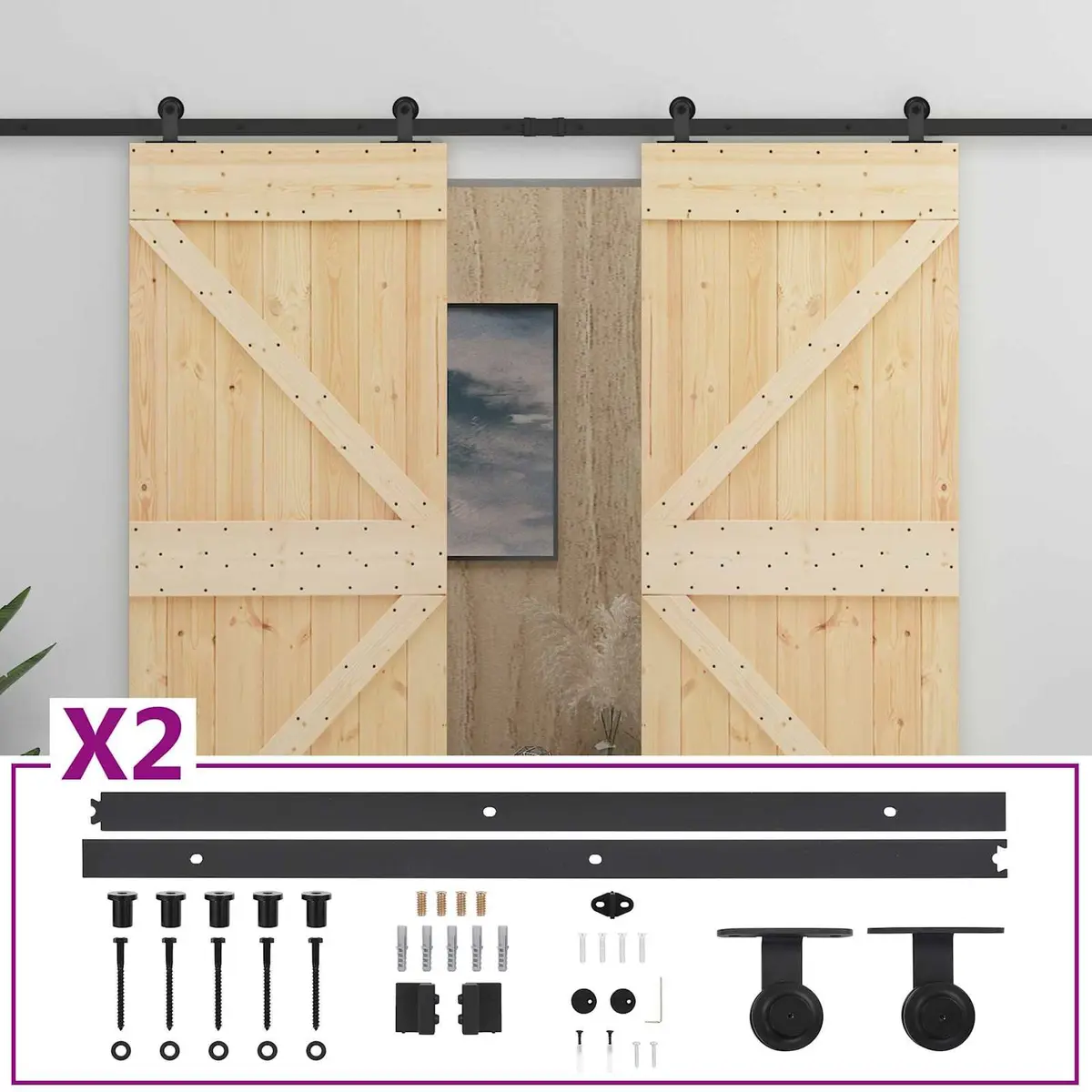 Sliding Door 2 Piece Solid Pine Wood Natural Black Modern Interior Room Divider