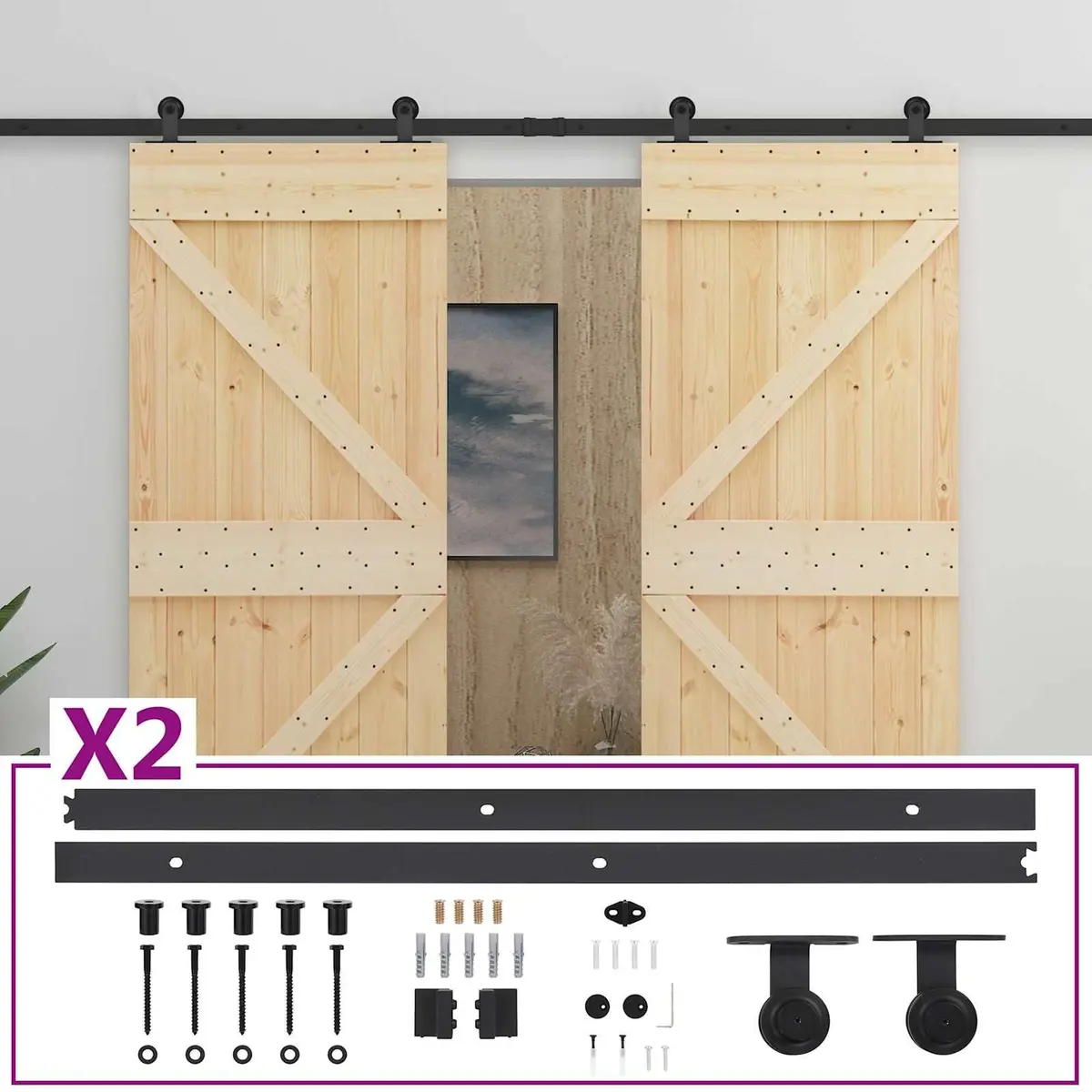 Sliding Door 2 pcs Solid Pine Wood Modern Space-Saving Interior Room Divider
