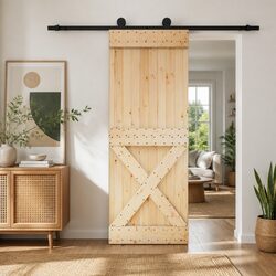 Sliding Door Solid Pine Wood Natural Black 80 x 210 cm Modern Interior