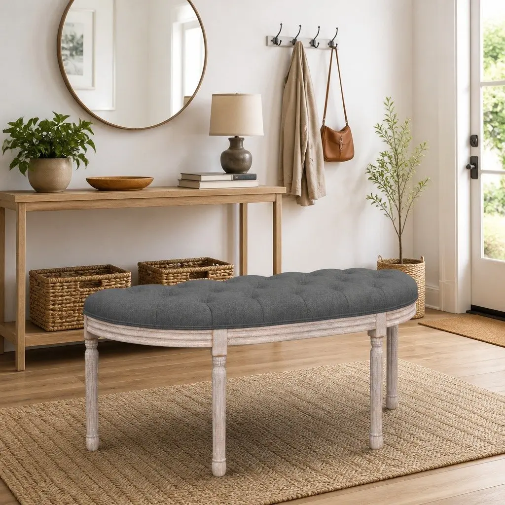 Grey Fabric Bench with Wooden Legs
