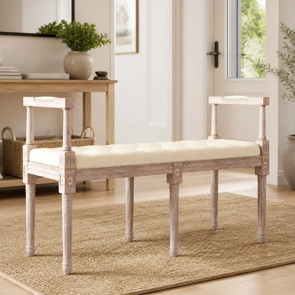 Linen Bench Entryway Seating 110x40x70 cm Upholstered Tufted Wood Legs