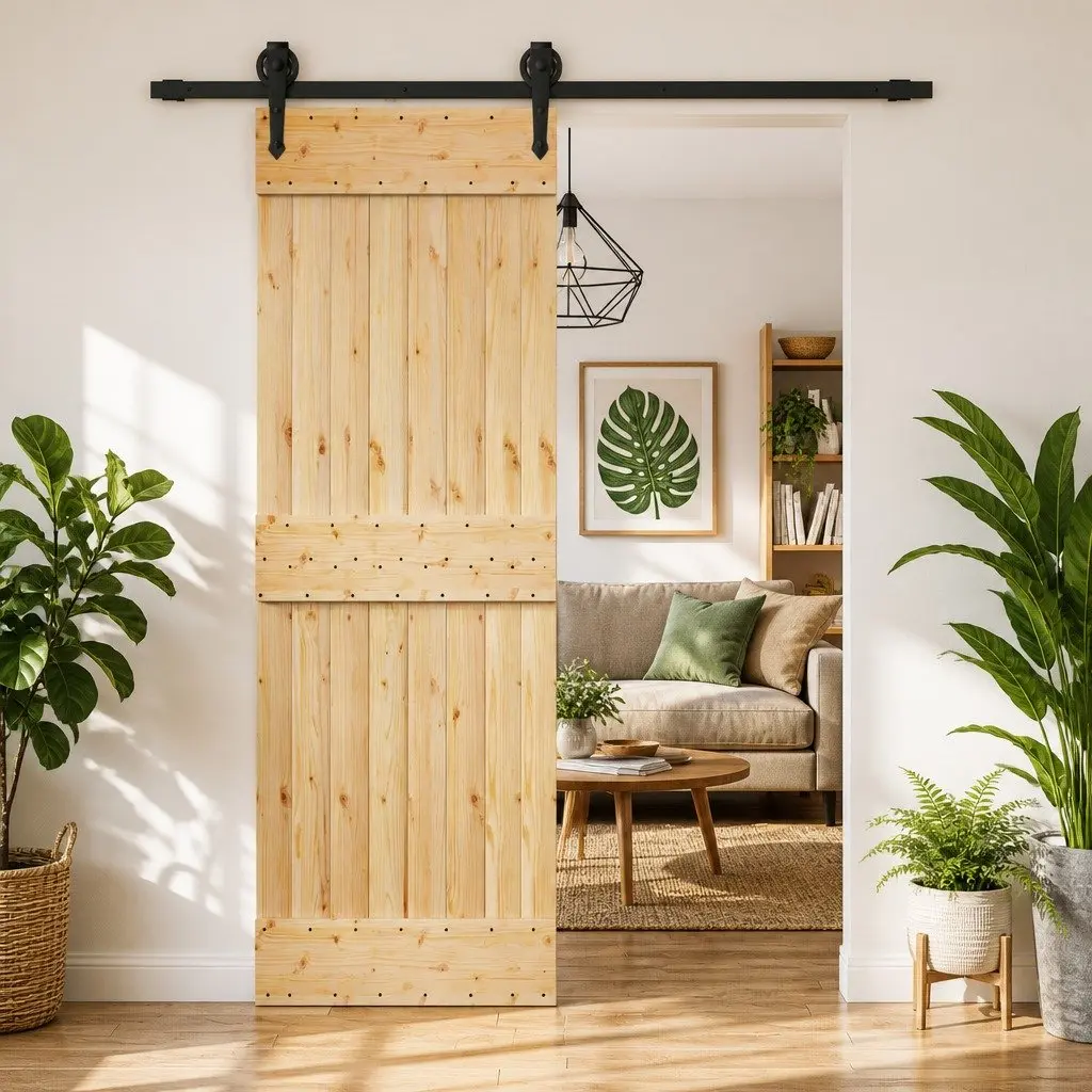 Sliding Door Natural Brown 70 x 210 cm Solid Pine Wood Top Track