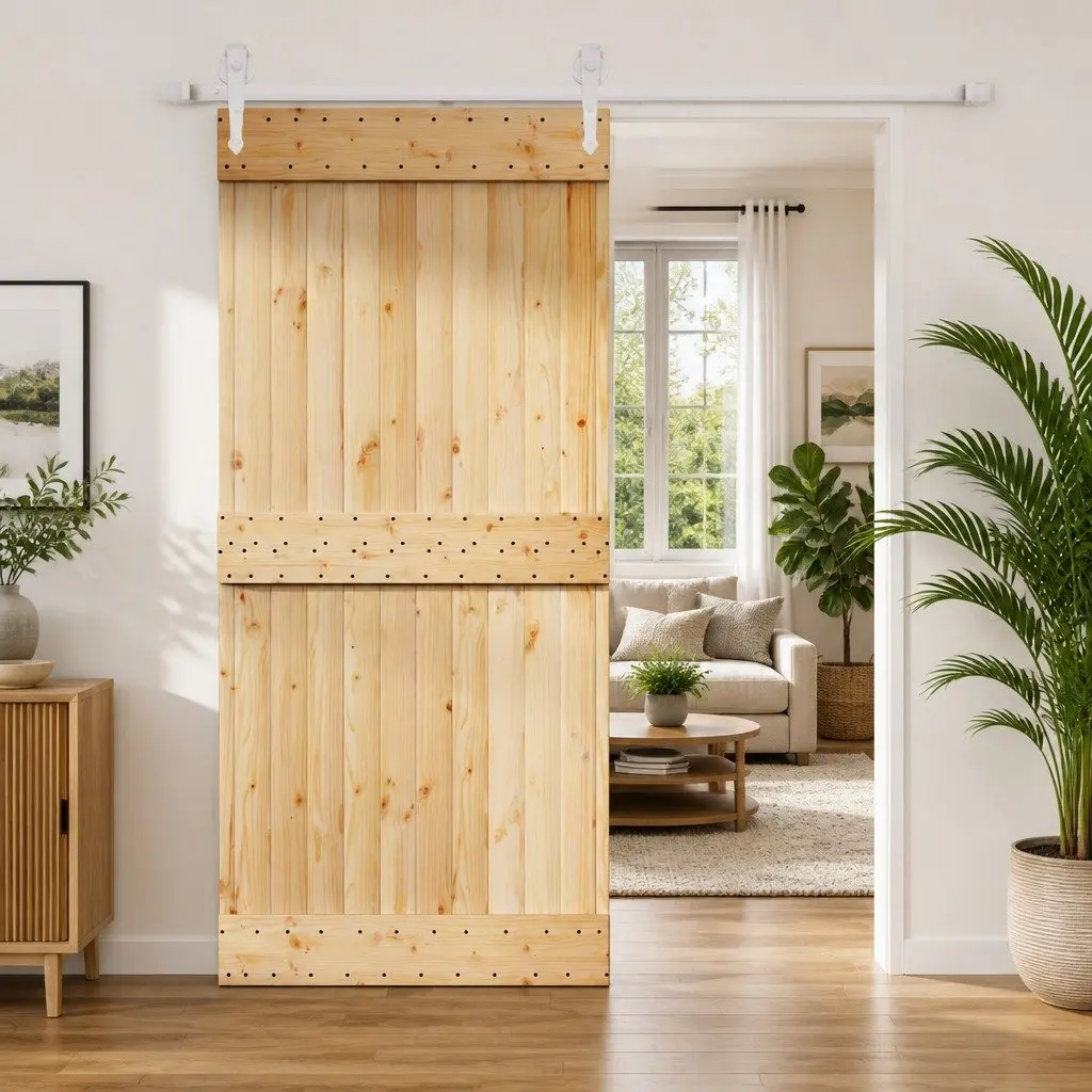 Solid Pine Wood Sliding Door Interior Room Divider 95x210cm Brown White