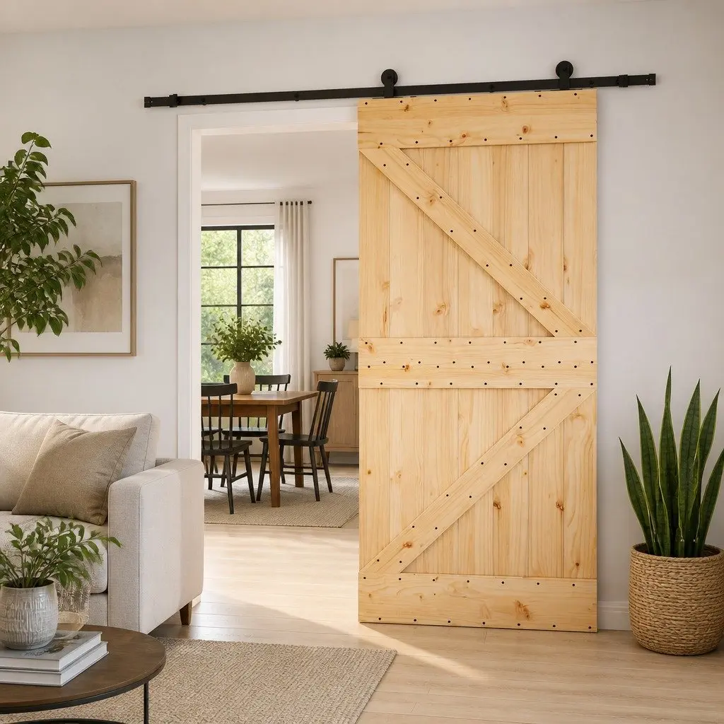 Sliding Door Interior Room Separation 100 cm x 210 cm Brown Pine Wood Powder-Coated Steel Track