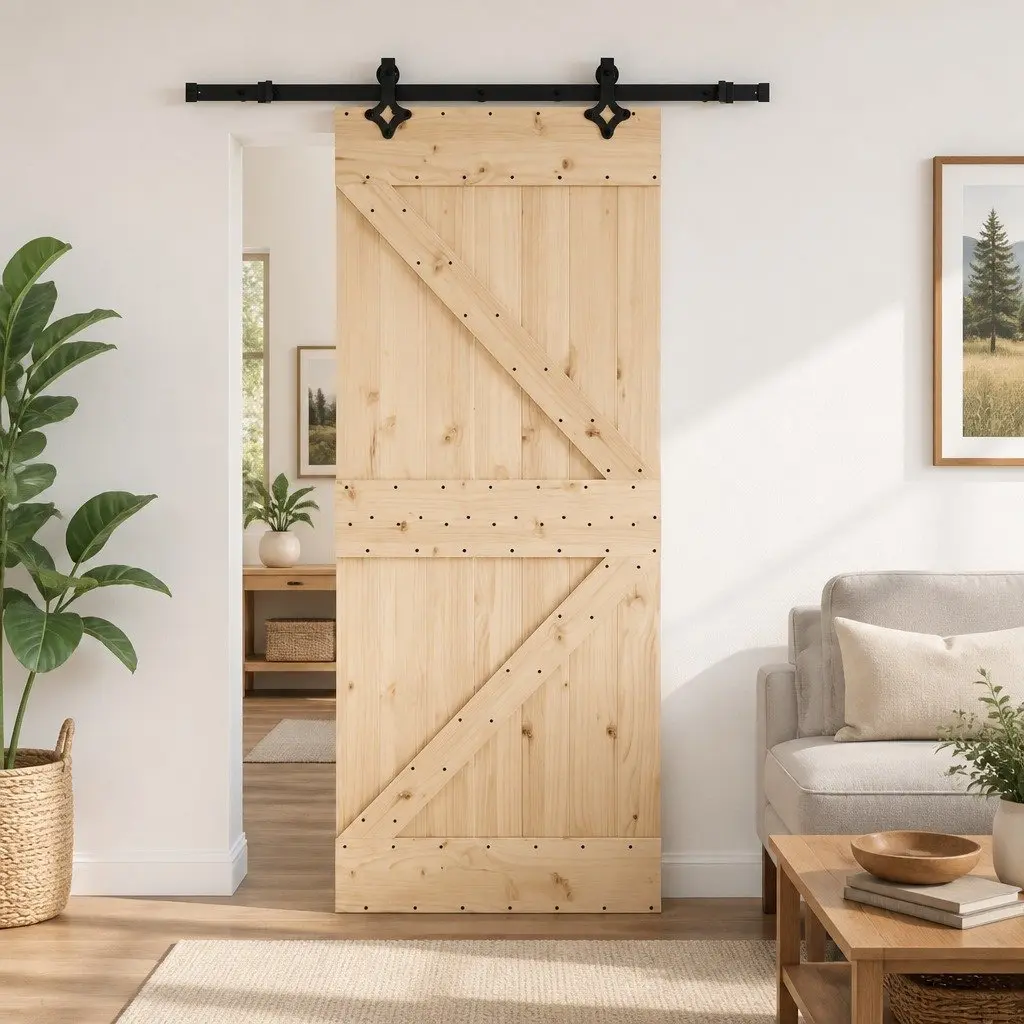 Sliding Door Natural Wood Pine Frame Steel Track Modern Room Divider 85x210cm