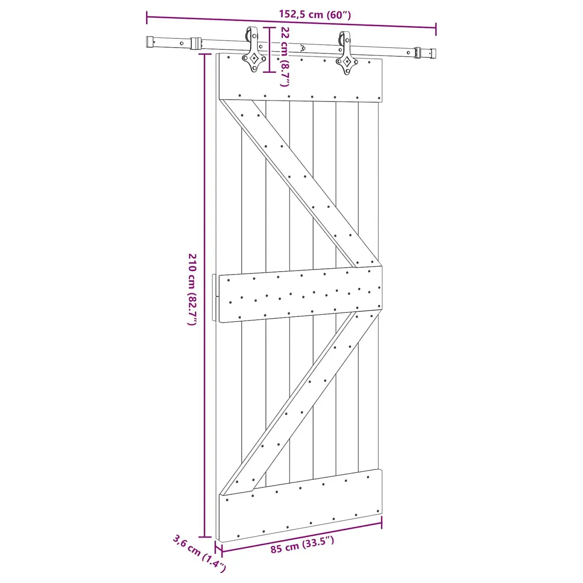 Sliding Door Natural Wood Pine Frame Steel Track Modern Room Divider 85x210cm