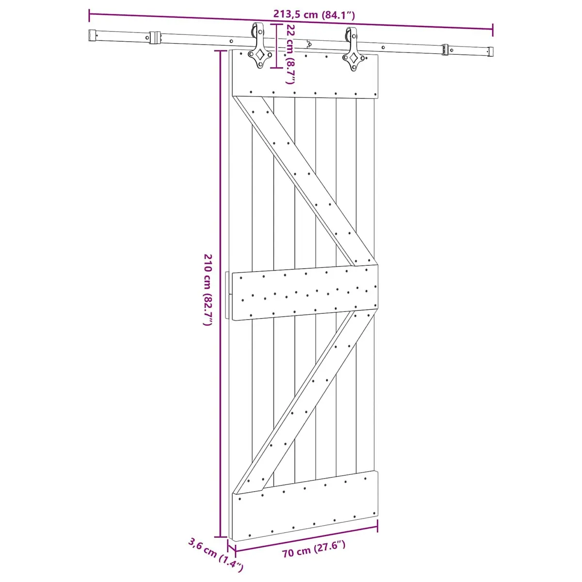 Sliding Door Interior 70x210cm Natural Pine Wood Black Steel Track