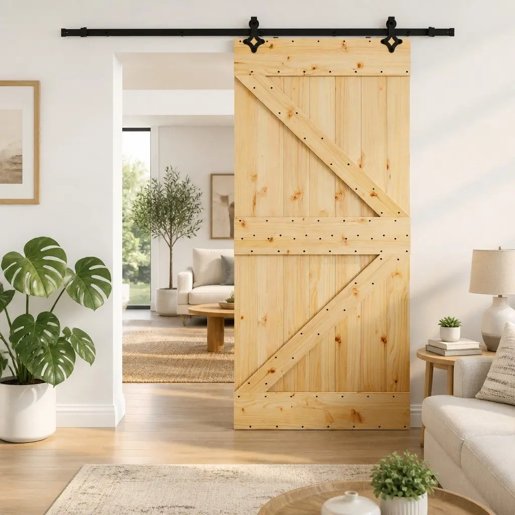 Room Divider Sliding Door Natural Pine Wood 100x210cm with Black Track