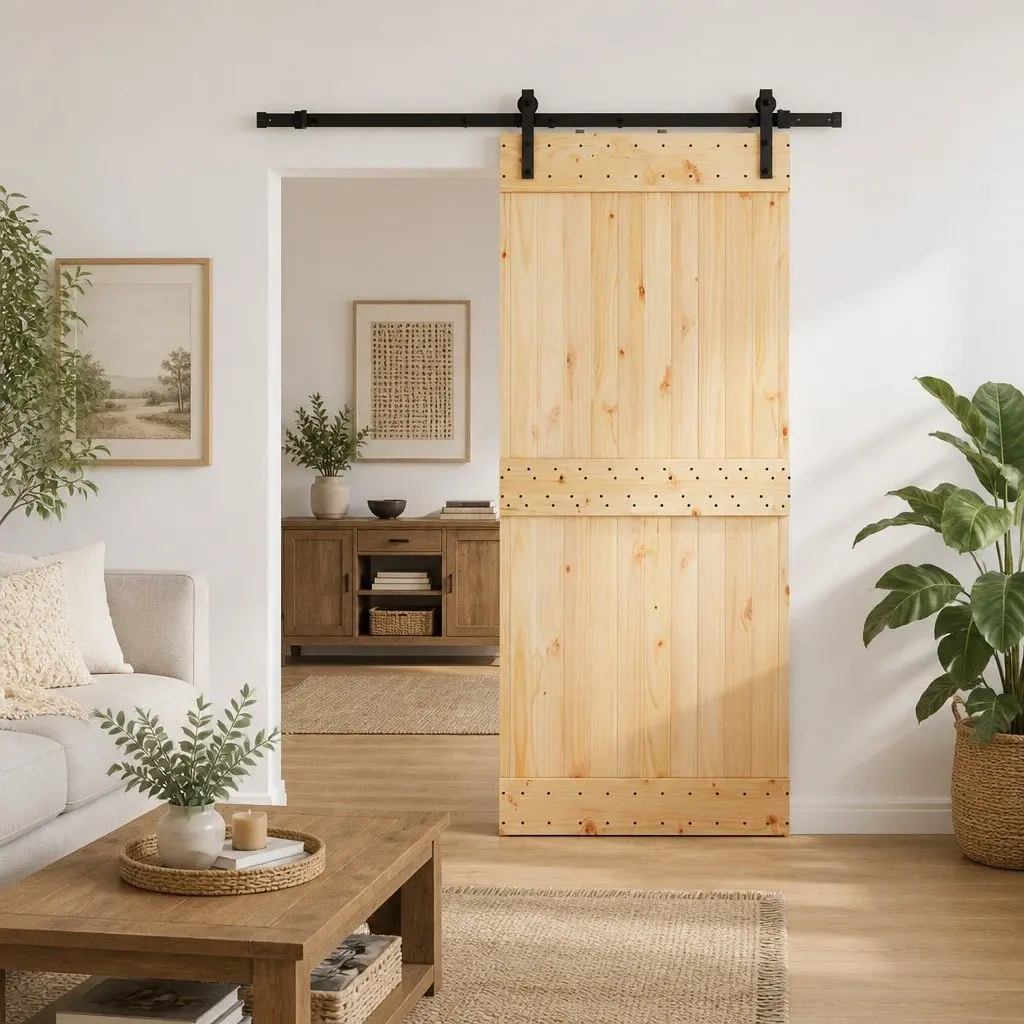 Sliding Door Pine Wood Black Frame Modern Minimalist 85cm x 210cm