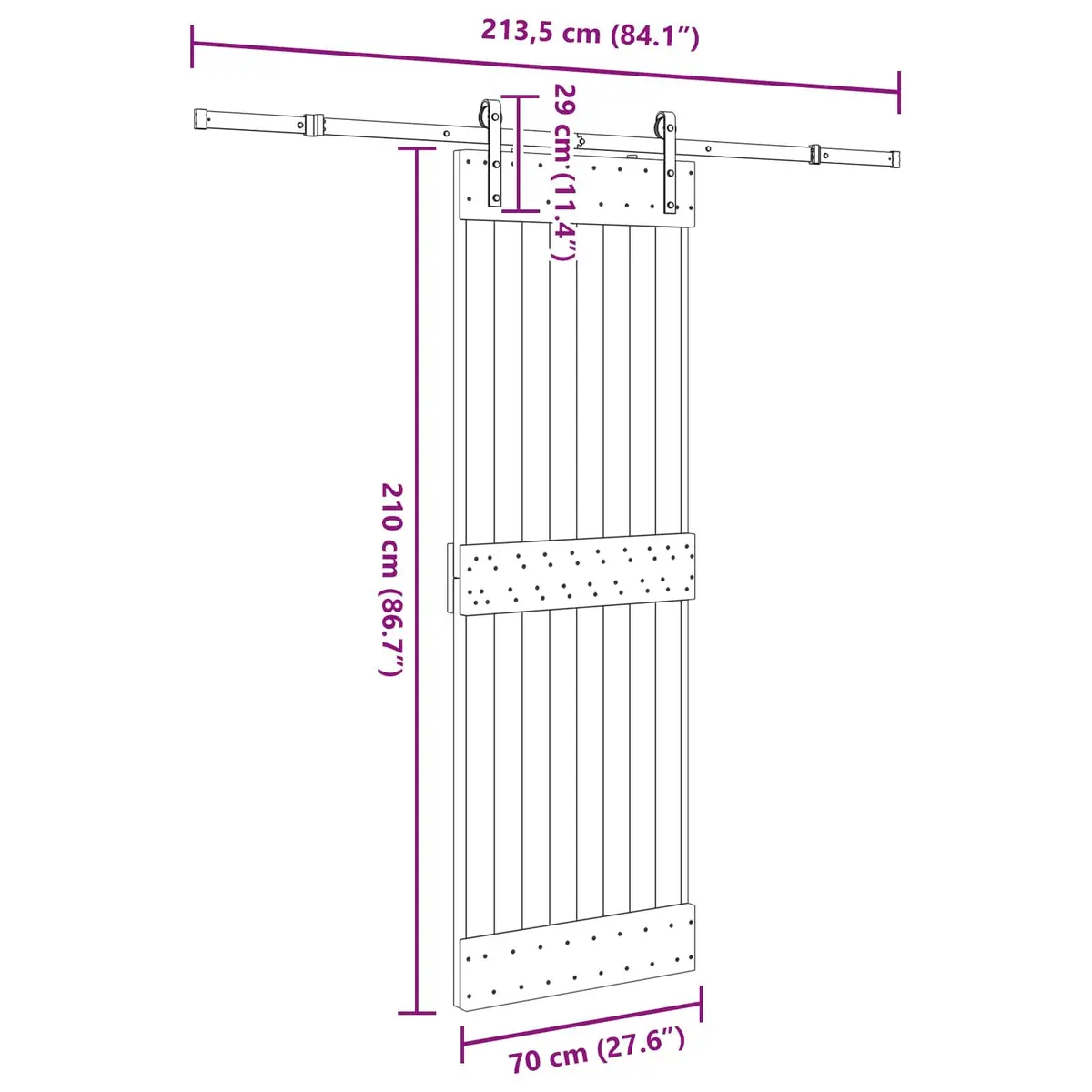 Sliding Door Interior 70x210cm Pine Wood Frame Steel Track Modern Space-Saving